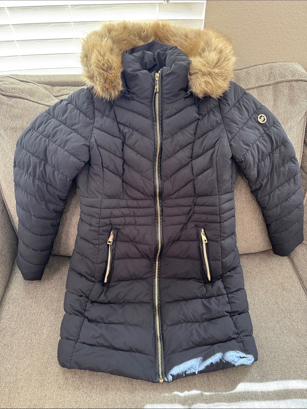 Michael Kors Navy Blue Puffer Coat with Faux Fur Hood
